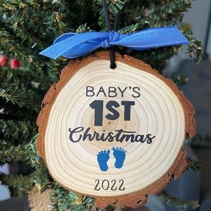 Baby’s First Christmas Wood Tree Slice Ornament Pink or Blue